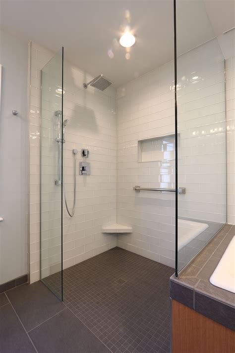 Roll in shower, white glass subway tiles, recessed niche, handheld ...