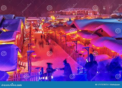 The Street of China Snow Town at Night Stock Image - Image of cute, chinese: 171737873