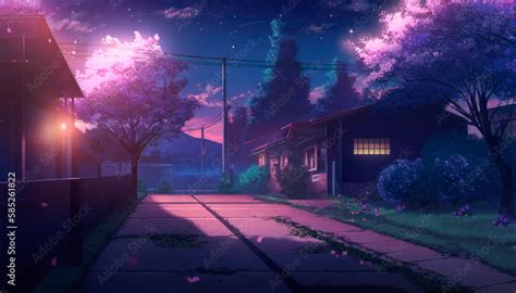 purple night city street anime background wallpaper Stock Illustration | Adobe Stock