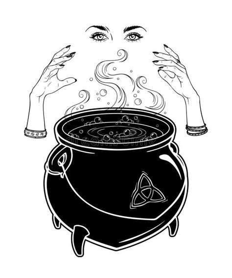 Boiling magic cauldron and witch hands cast a spell vector illustration ...