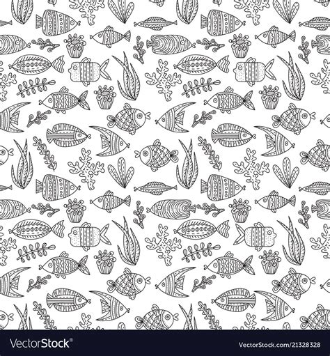 Seamless pattern with cute fishes and seaweeds Vector Image