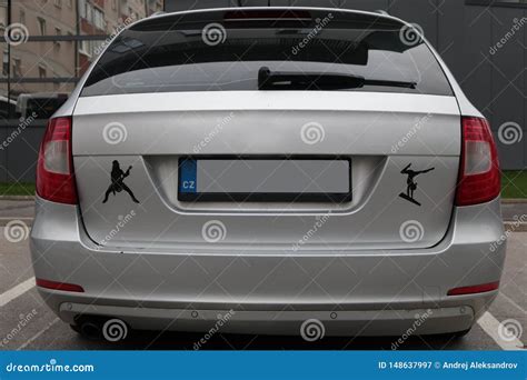 Empty License Plate on the Back of a Grey Silver Car with Stickers Stock Image - Image of ...