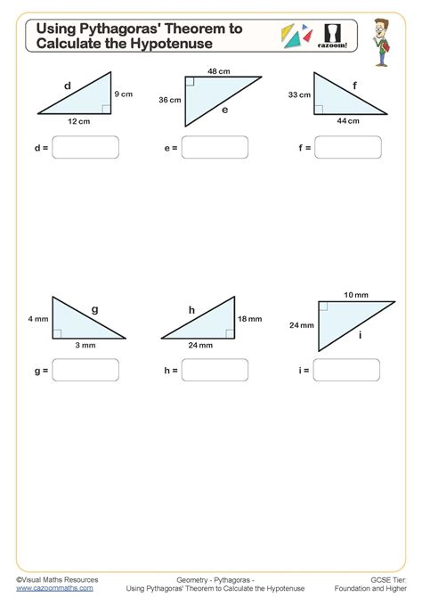 Using Pythagoras Theorem to Calculate the Hypotenuse Worksheet | Cazoom Maths Worksheets