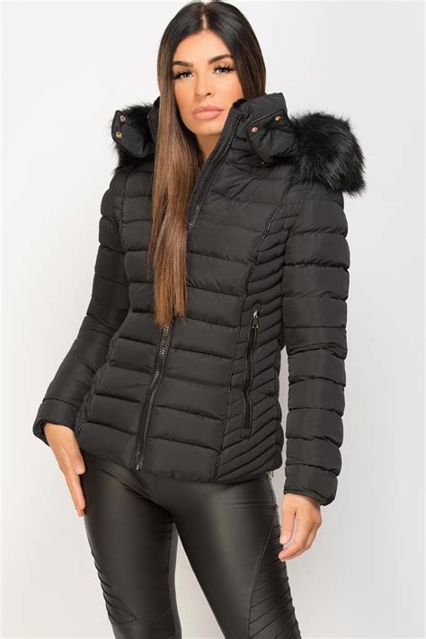 Womens Black Puffer Jacket With Faux fur Hood And Quilted Detail ...