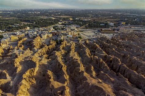 Saudi Arabia, Eastern Province, Al-Hofuf, Aerial view of Jabal Al-Qarah ...