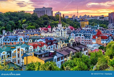 Kiev, Ukraine, Vozdvyzhenka Barrio in Historical City Center Stock Photo - Image of roofs ...