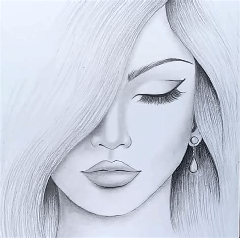 a drawing of a woman's face with long hair and earrings on her ear