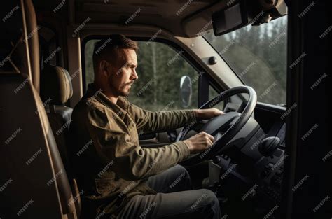 Premium Photo | Serious truck driver with hands on steering wheel ...