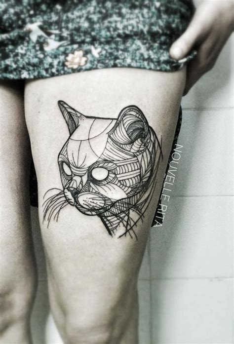 Abstract style uncolored cat tattoo on thigh - Tattooimages.biz