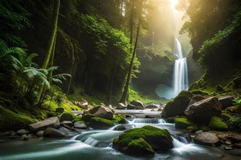 Premium AI Image | Beautiful Nature a Serene Waterfall in a Lush Green Forest and waterfall