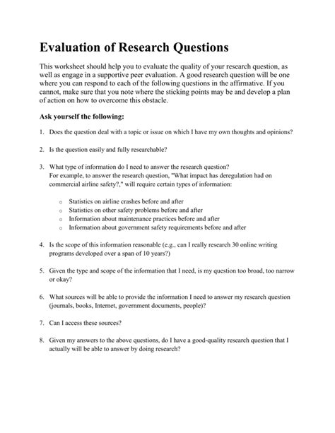 Evaluation of Research Questions Worksheet