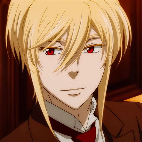 an anime character with blonde hair and red eyes looking at the camera while wearing a suit