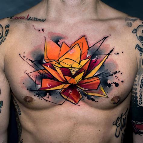 Lotus Flower Watercolor Chest Tattoo