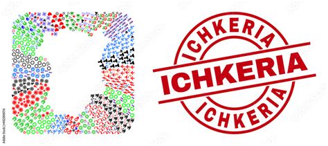 Vector mosaic Chechen Republic map of different symbols and Ichkeria stamp. Mosaic Chechen ...