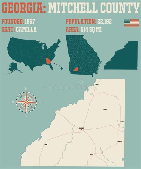 Map of Mitchell County in Georgia Stock Vector - Illustration of lakes ...