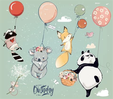 Collection with Cute Birthday Fly Animals with Balloons Stock Vector ...