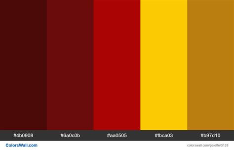 Iron Man colors scheme. HEX colors #4b0908, #6a0c0b, #aa0505, #fbca03, #b97d10. Brand original ...