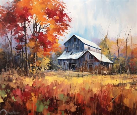 Premium AI Image | A painting of a barn with colorful fall foliage