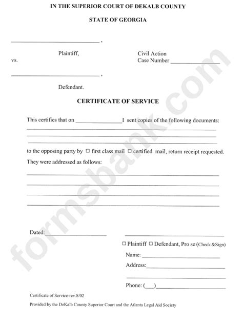 Certificate Of Service Dekalb Superior Court Printable Pdf Download - CountyForms.com