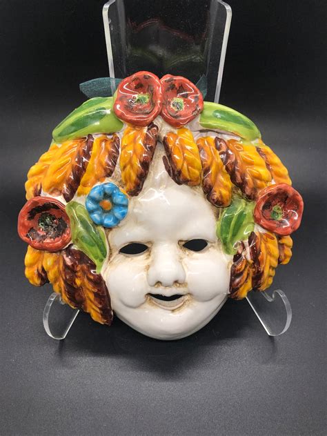 Beautiful Handmade and Hand Painted Italian Ceramic Mask Adorned With Wheat, Representing the ...