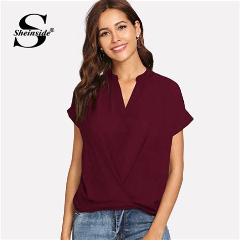 Sheinside Draped V Neck Solid Top Women Short Sleeve Blouse Burgundy Summer Tops For Womens 2019 ...