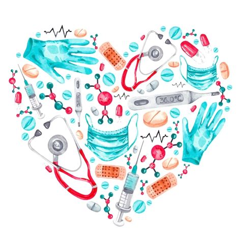 Premium Vector | Watercolor medical heart made of gloves pills ...