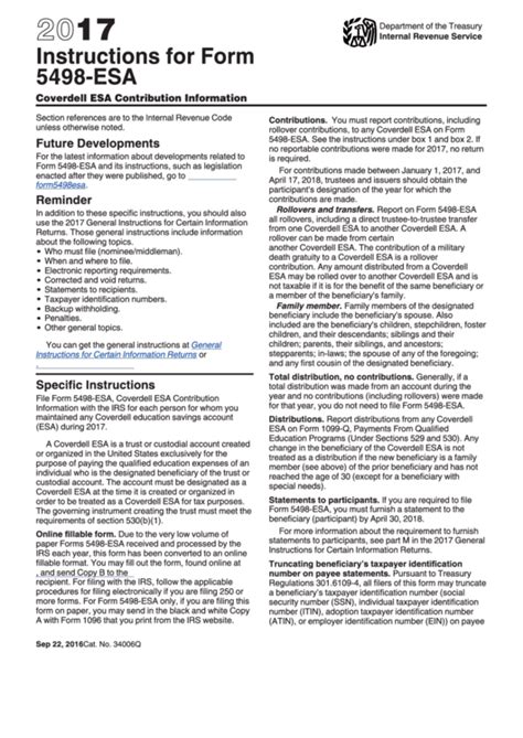 Instructions For Form 5498-Esa - 2017 printable pdf download