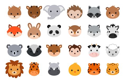 Cute cartoon animals. Vector heads. | Animal Illustrations ~ Creative ...