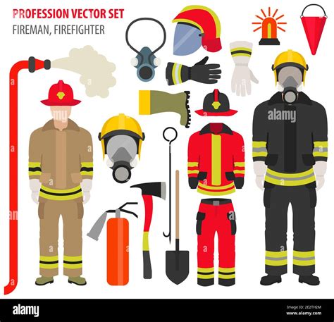 Profession and occupation set. Fireman equipment, firefighter service ...