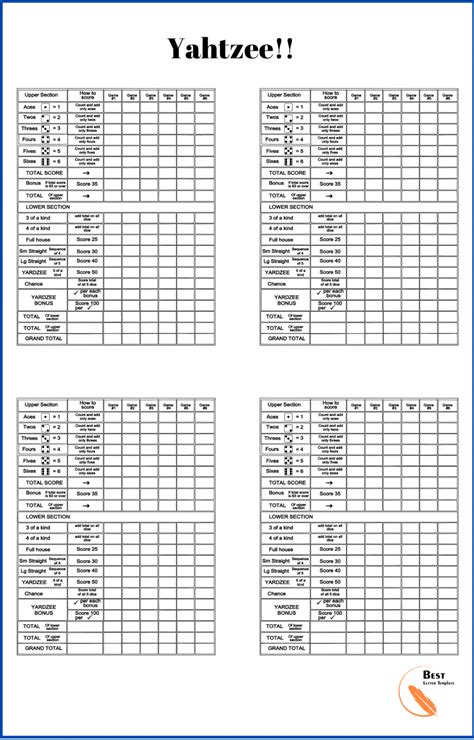 Printable Yahtzee Score Cards/Sheet -- [PDF, Online]