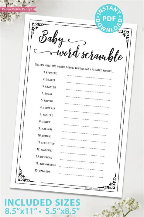 Baby Word Scramble Baby Shower Game Printable Answer Key | Etsy