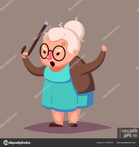 Cartoon Angry Old Woman Brandishing Her Cane. Senior lady with glasses shouting Vector ...