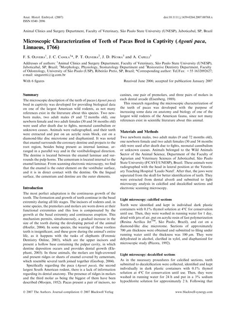 (PDF) Microscopic Characterization of Teeth of Pacas Bred in Captivity (Agouti paca, Linnaeus, 1766)