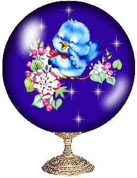 a blue bird sitting on top of a purple ball with flowers and stars around it