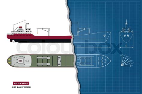 Blueprint of cargo ship. Top, side and front view. Container transport | Stock vector | Colourbox