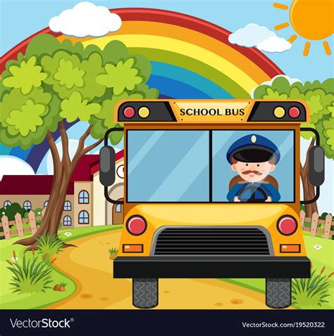 Bus driver driving schoolbus on the road Vector Image