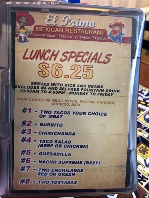 Menu at El Primo Mexican Restaurant, Joliet, 457 N Scott St