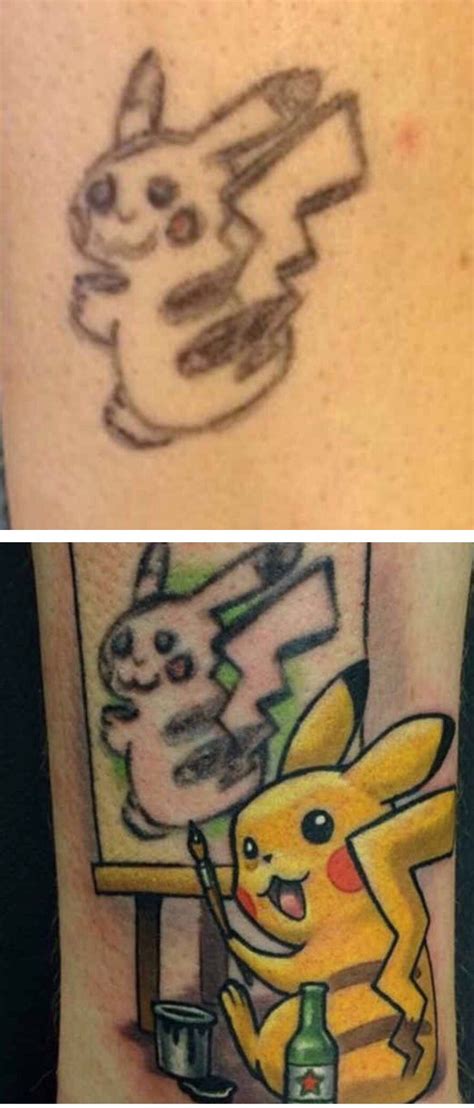 Pikachu Pokemon tattoo. Awesome tattoo cover up job! Or should I say fix?! Very creative ...