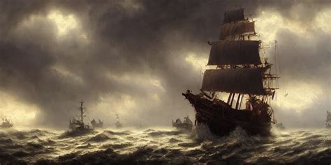 prompthunt: A hyper realistic oil painting of a single pirate ship in a ...