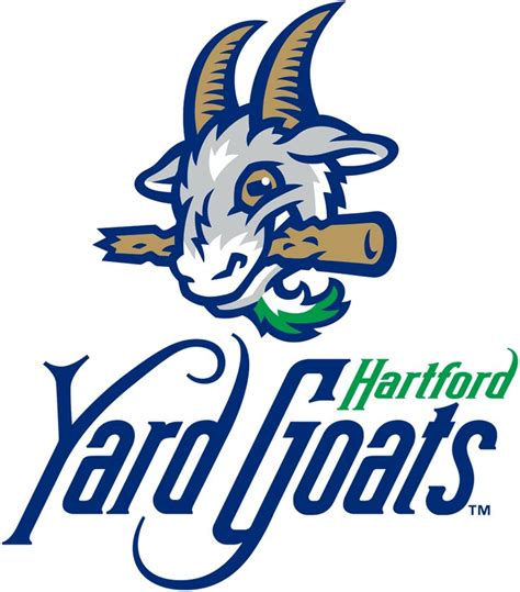 Hartford Yard Goats Primary Logo (2016) - A grey, white, and blue goat with gold horns and a ...