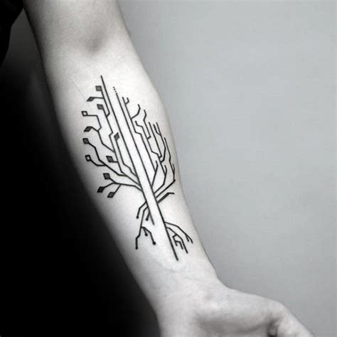 a black and white photo of a person's arm with a tree tattoo on it