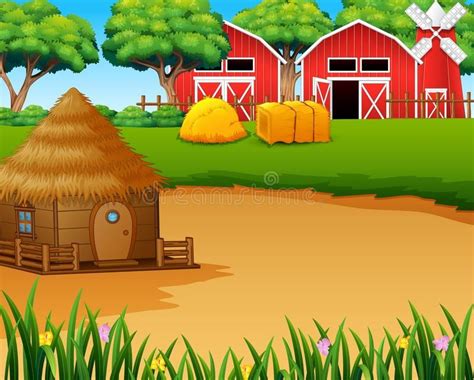 Farm landscape with shed,windmill and a hut. Illustration of Farm ...