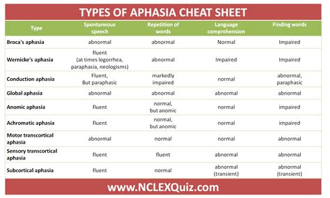 Clear Description of Aphasia Types Cheat Sheet - NCLEX Quiz