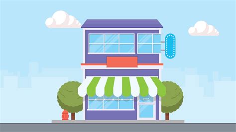 Shop building facade with big window and awning. Vector shop or market, illustration background ...