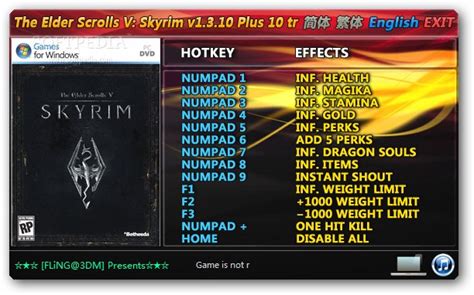 The Elder Scrolls V: Skyrim +10 Trainer for 1.3.10.0 Download, Screenshots