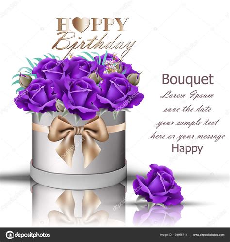 Happy Birthday violet roses bouquet Vector. Vintage floral gift box with bow decor Stock Vector ...