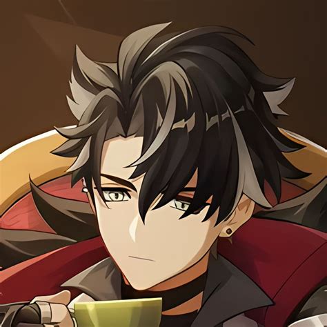 an anime character with black hair holding a cup