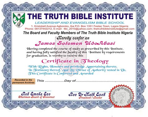 THE TRUTH BIBLE INSTITUTE - Certificate