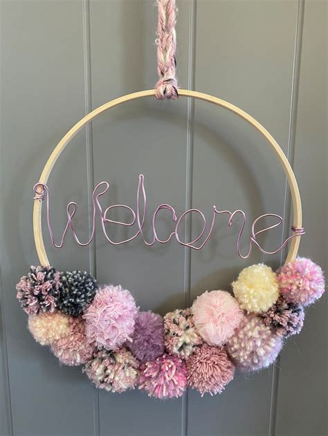 Welcome Sign, Wreath, Natural Wood, Pink and Grey Wool Pom Poms. - Etsy