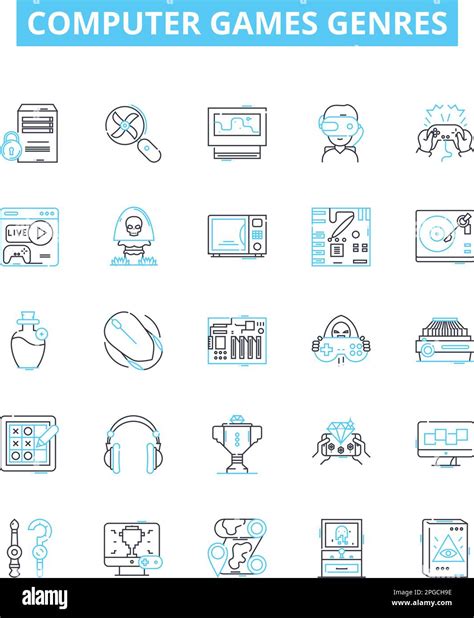 Computer games genres vector line icons set. Simulation, Shooter, Adventure, Puzzle, Strategy ...